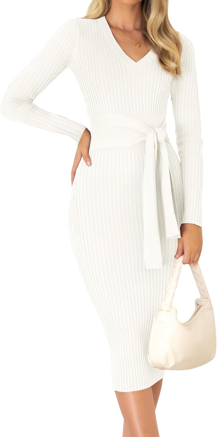 ZESICA Women's 2025 Fall Sweater Dress V Neck Long Sleeve Ribbed Knit Tie Waist Bodycon Slim Fit Midi Dresses