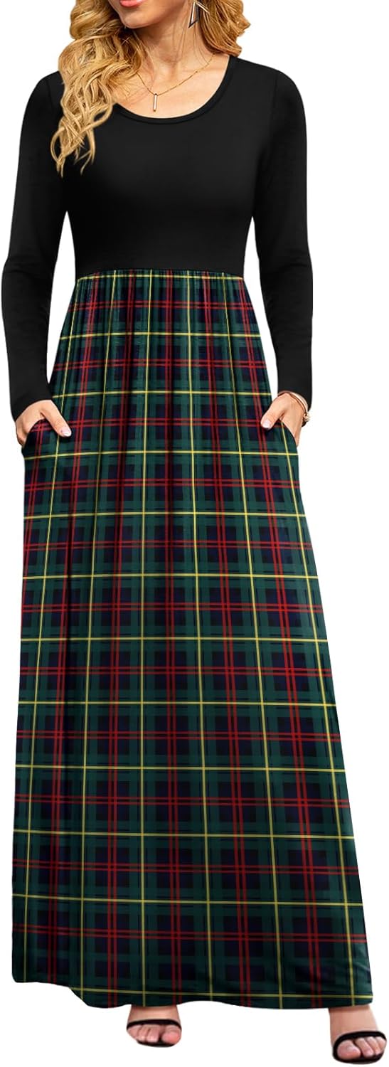 DB MOON Women Casual Long Sleeve Maxi Dresses Empire Waist Long Dress with Pockets