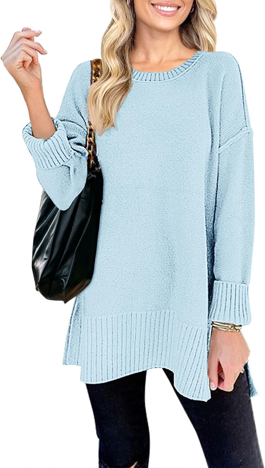 MEROKEETY Women's 2025 Fall Winter Oversized Pullover Sweater Casual Loose Crew Neck Long Sleeve Side Split Jumper Tops