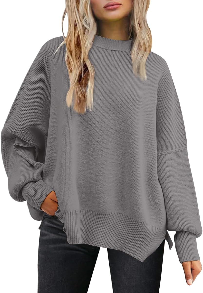 LILLUSORY Women's Oversized Batwing Sweaters 2025 Fall Outfits Trendy Crewneck Knit Side Slit Fashion Pullover Tops