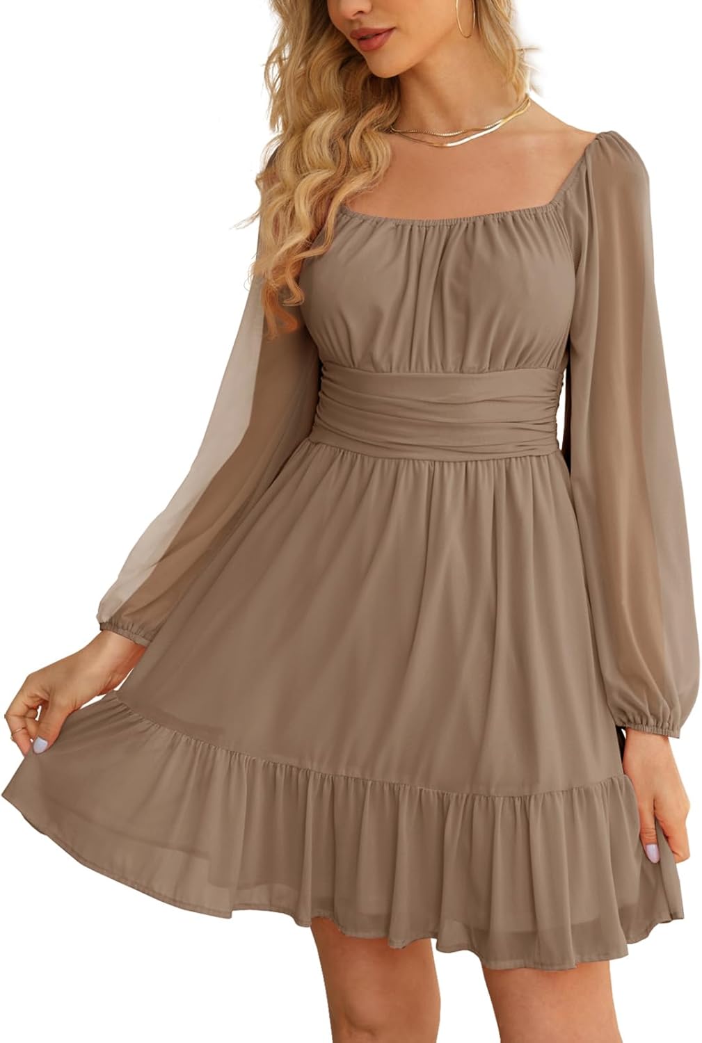 Wenrine Women's Mesh Long Sleeve Square Neck Dress High Waist A Line Ruffle Hem Flowy Casual Party Mini Dress