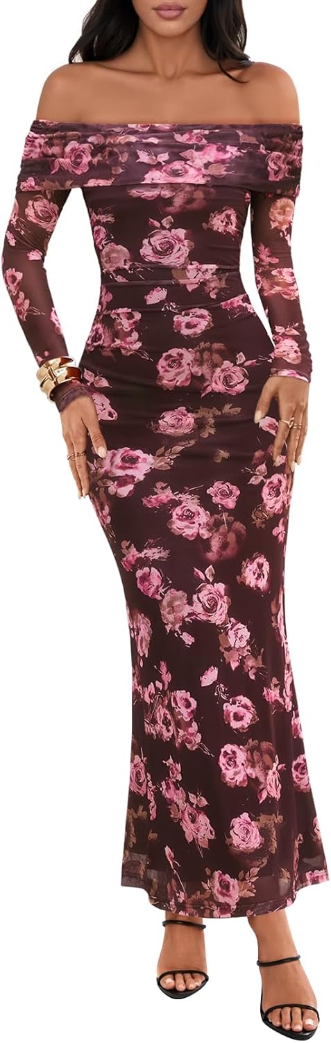 MEROKEETY Women's Fall Off Shoulder Floral Maxi Dresses Formal Long Sleeve Bodycon Cocktail Wedding Guest Dress