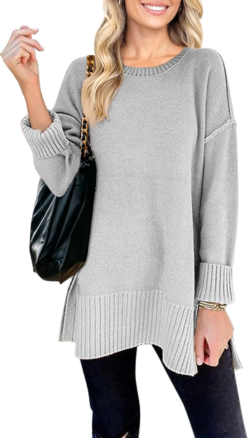 MEROKEETY Women's 2025 Fall Winter Oversized Pullover Sweater Casual Loose Crew Neck Long Sleeve Side Split Jumper Tops