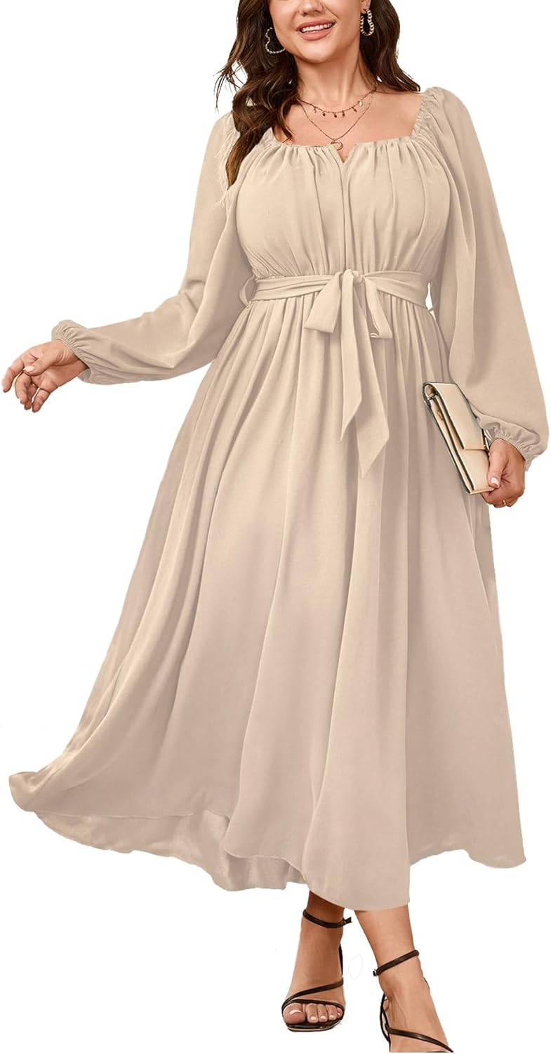 SCOMCHIC Women Plus Size Maxi Dress Long Sleeve Square Neck Wedding Guest Cocktail Belted Elegant Flowy A Line Long Dresses