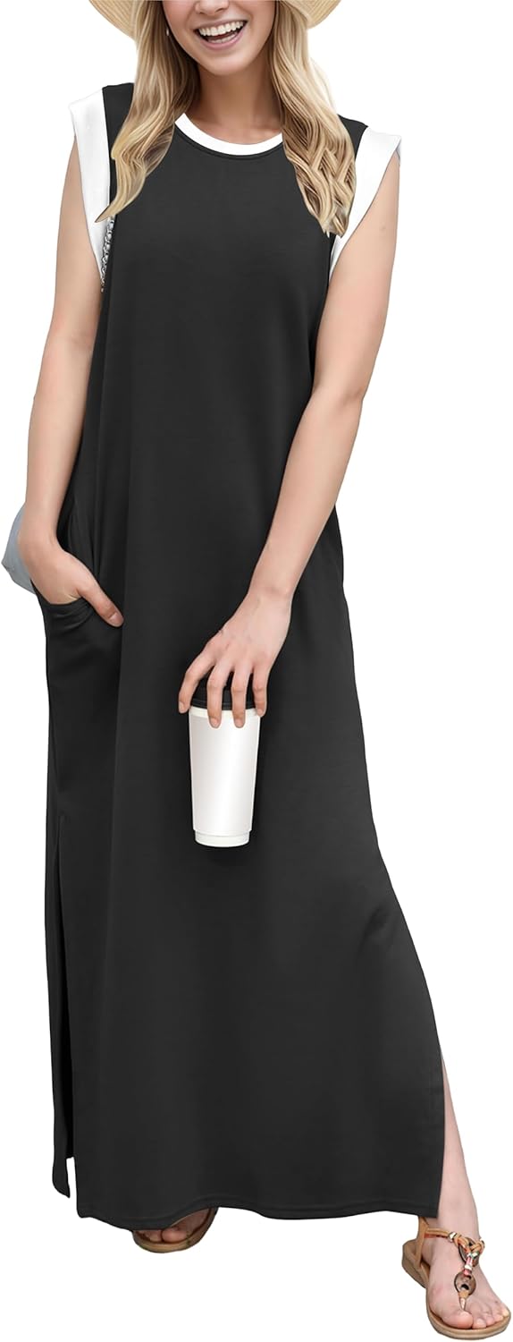 GRECERELLE 2025 Women Year-Round Casual Round Neck Loose Split Wrinkle-Free Long Maxi Vacation Dress with Pockets (XS-3XL)