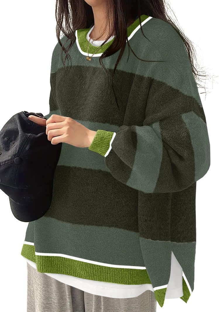 Women's Oversized Crewneck Sweaters Batwing Long Sleeve Side Slit Ribbed Knit Pullover Sweater Tops