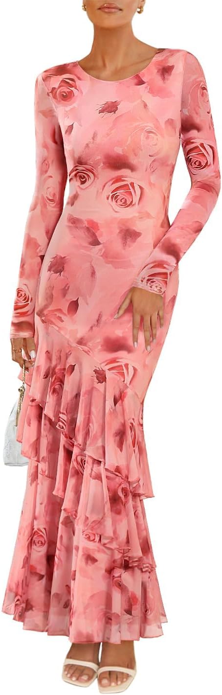 ZESICA Women's Fall Floral Wedding Guest Bodycon Dresses 2025 Long Sleeve Crewneck Mesh Ruffle Mermaid Party Maxi Dress