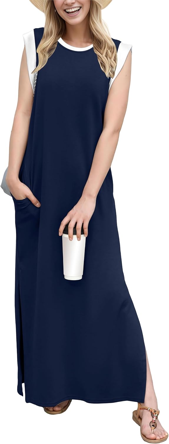 GRECERELLE 2025 Women Year-Round Casual Round Neck Loose Split Wrinkle-Free Long Maxi Vacation Dress with Pockets (XS-3XL)