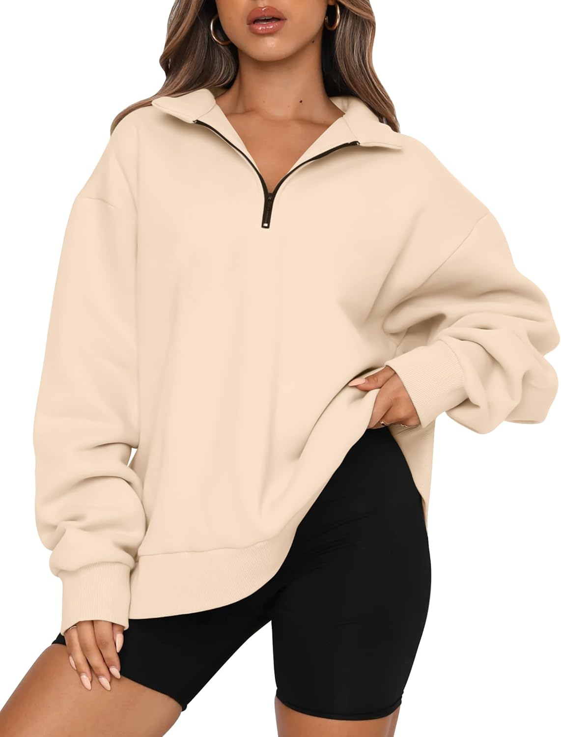 Trendy Queen Womens Oversized Sweatshirts Fall Sweaters Fashion Hoodies Half Zip Pullover Long Sleeve Shirts Clothes