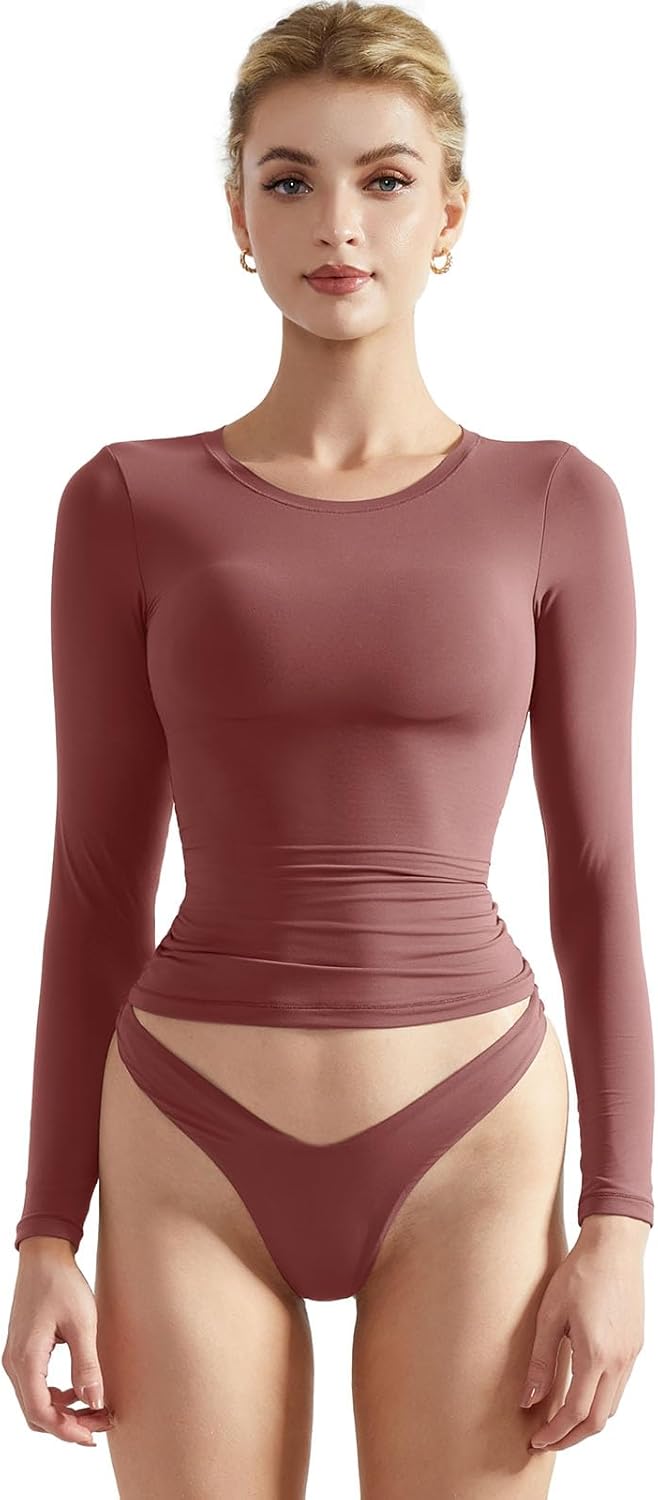 SUUKSESS Women Double Lined Fitted Basic T Shirts Crew Neck Long Sleeve Crop Top