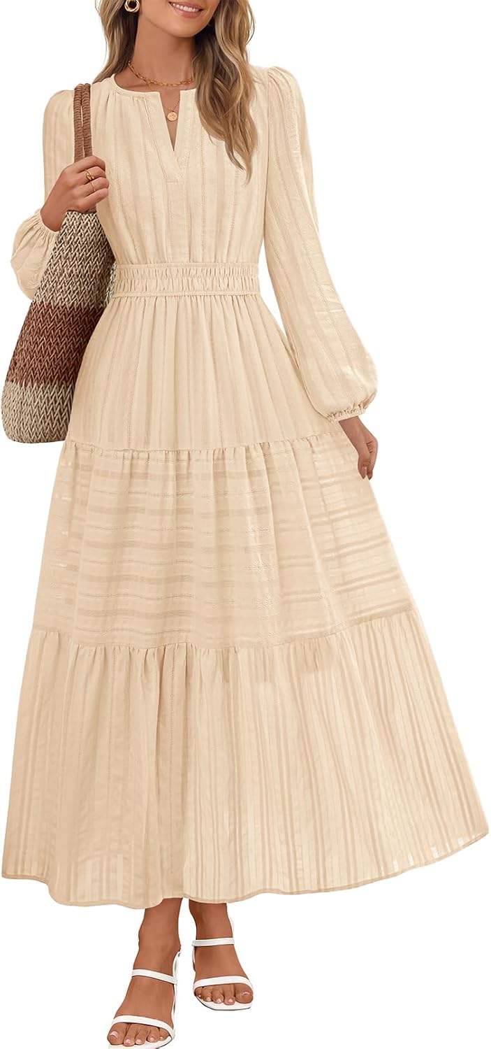 MEROKEETY Fall Dresses for Women 2025 Winter Long Sleeve Casual V Neck Tiered Cotton Midi Maxi Dress Pockets