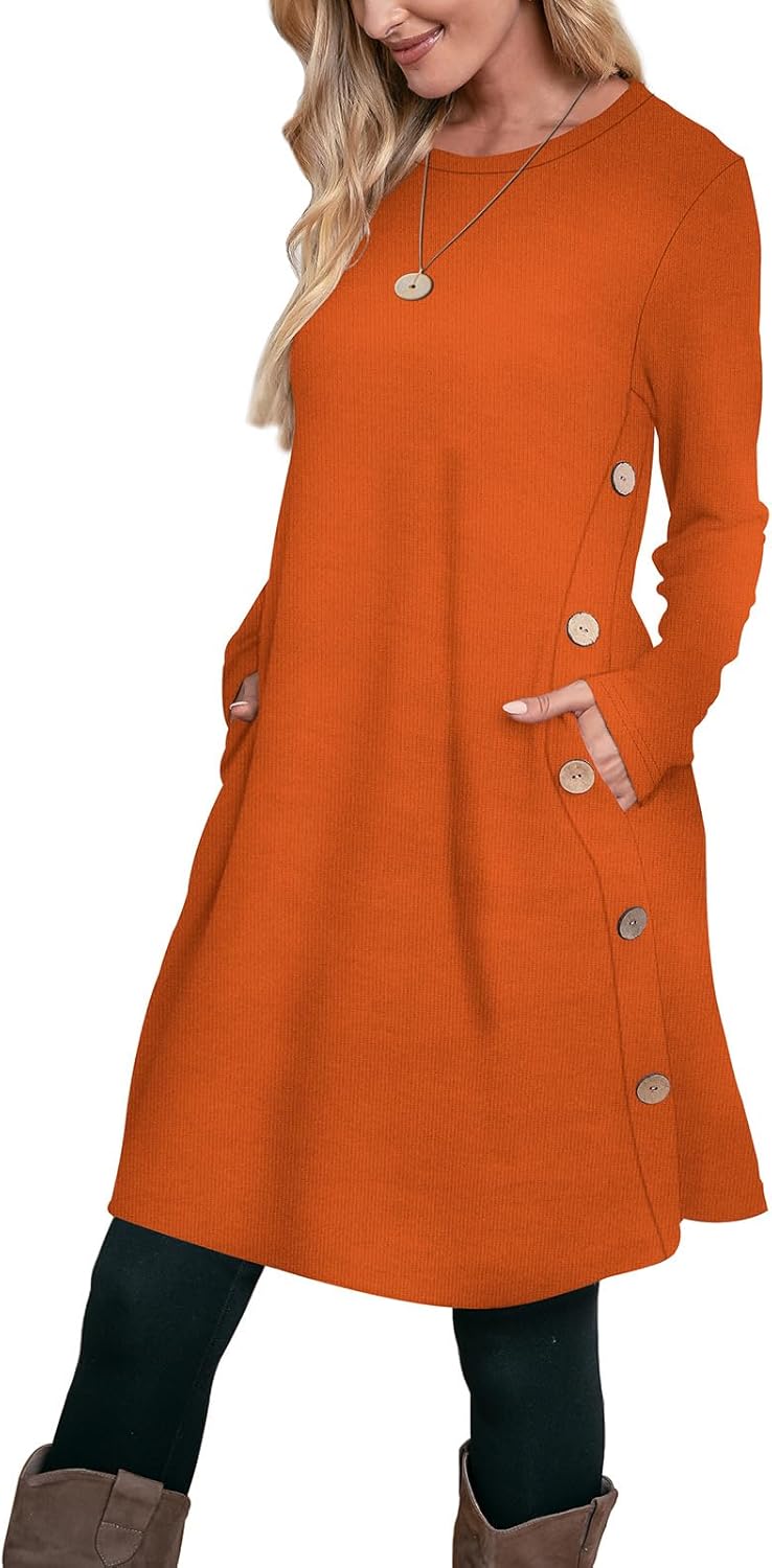OFEEFAN Long Sleeve Dress for Women Crew Neck Tunic Dress with Pockets Buttons Side