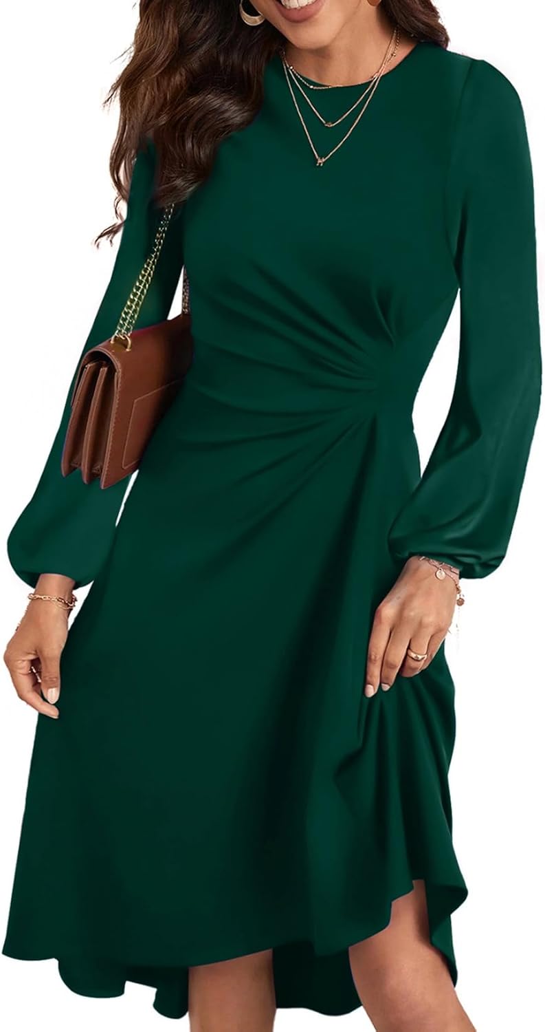 Happy Sailed Women's Long Sleeve Ruched Waist Flowy A Line High Low Midi Cocktail Party Dress