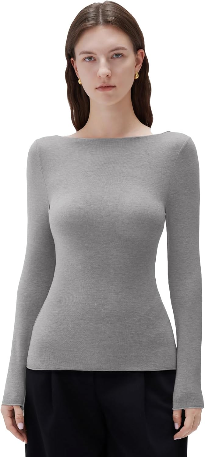 SUUKSESS Cloud Cashmere Women Boat Neck Fitted Long Sleeve Shirt Basic Knit Tops