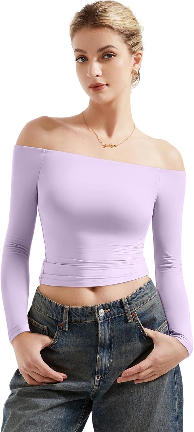 SUUKSESS Women Off Shoulder Double Lined Long Sleeve Shirts Basic Going Out Tops