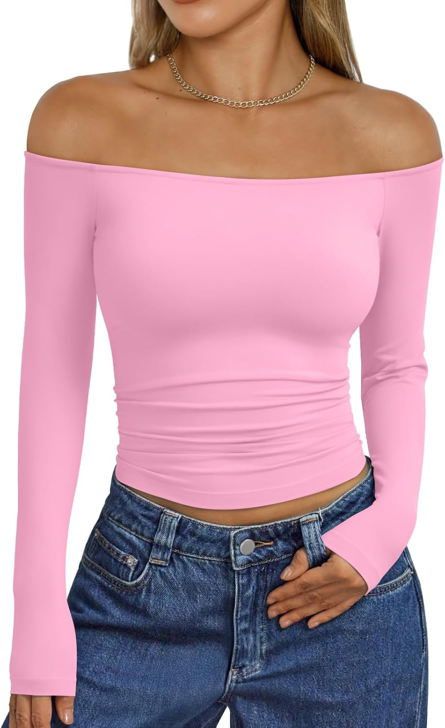 Trendy Queen Womens Long Sleeve Off The Shoulder Tops Going Out Cute Basic Y2K Fall Fashion 2025 Outfits Clothes