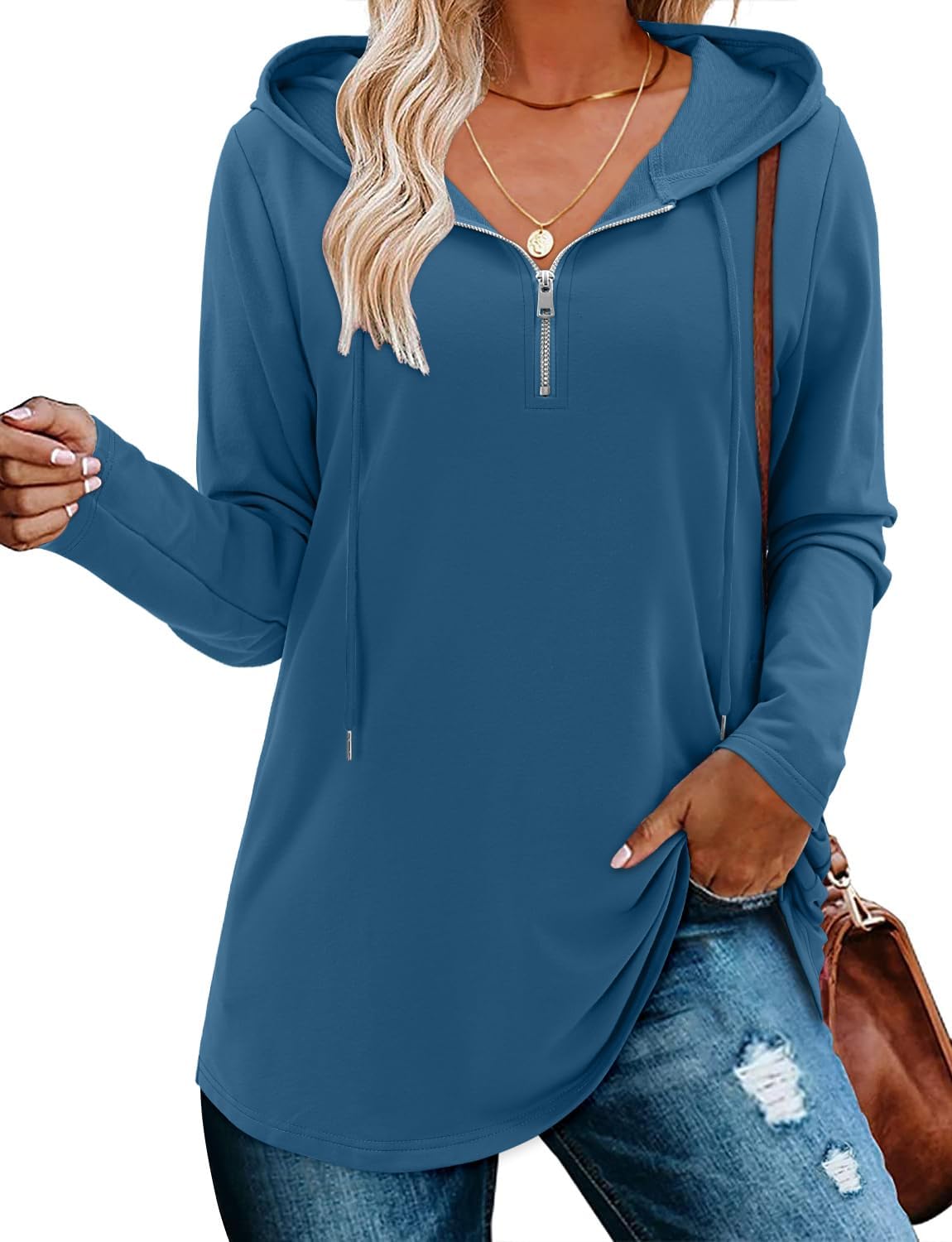 BETTE BOUTIK Womens Quarter Zip Tunic Hoodies Pullover Long Hooded Sweatshirts S-3XL