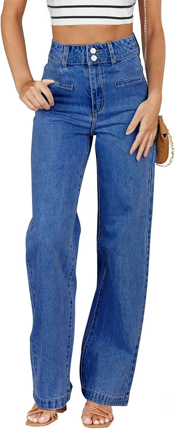 Sidefeel Women's Jeans High Waisted Straight Leg Stretchy Jeans Trendy Welt Pockets Loose Wide Leg Zimbaplatinum Denim Pants
