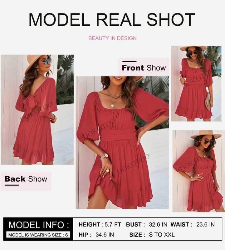 Dokotoo Womens Summer Dresses Square Neck Tie Back Lantern Sleeve Ruffle A-Line Casual Dress