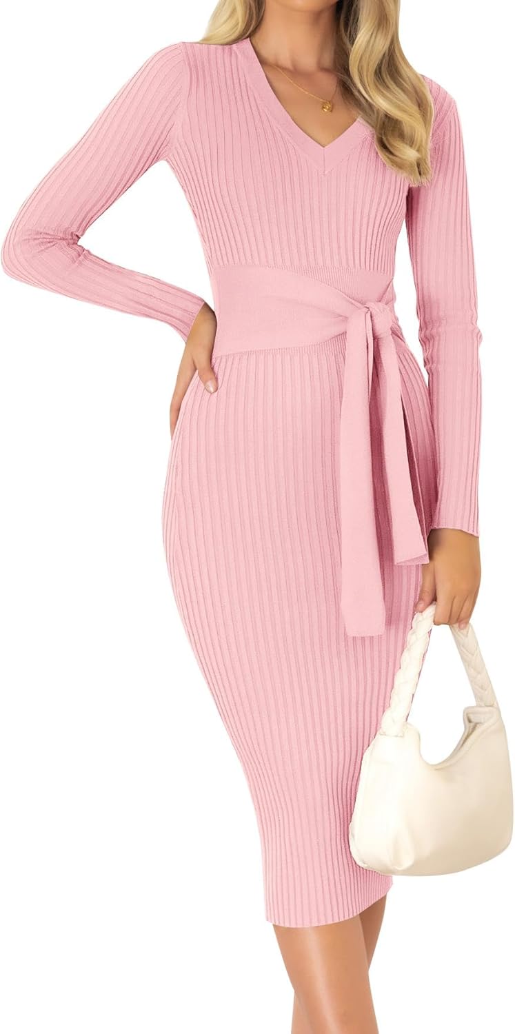 ZESICA Women's 2025 Fall Sweater Dress V Neck Long Sleeve Ribbed Knit Tie Waist Bodycon Slim Fit Midi Dresses