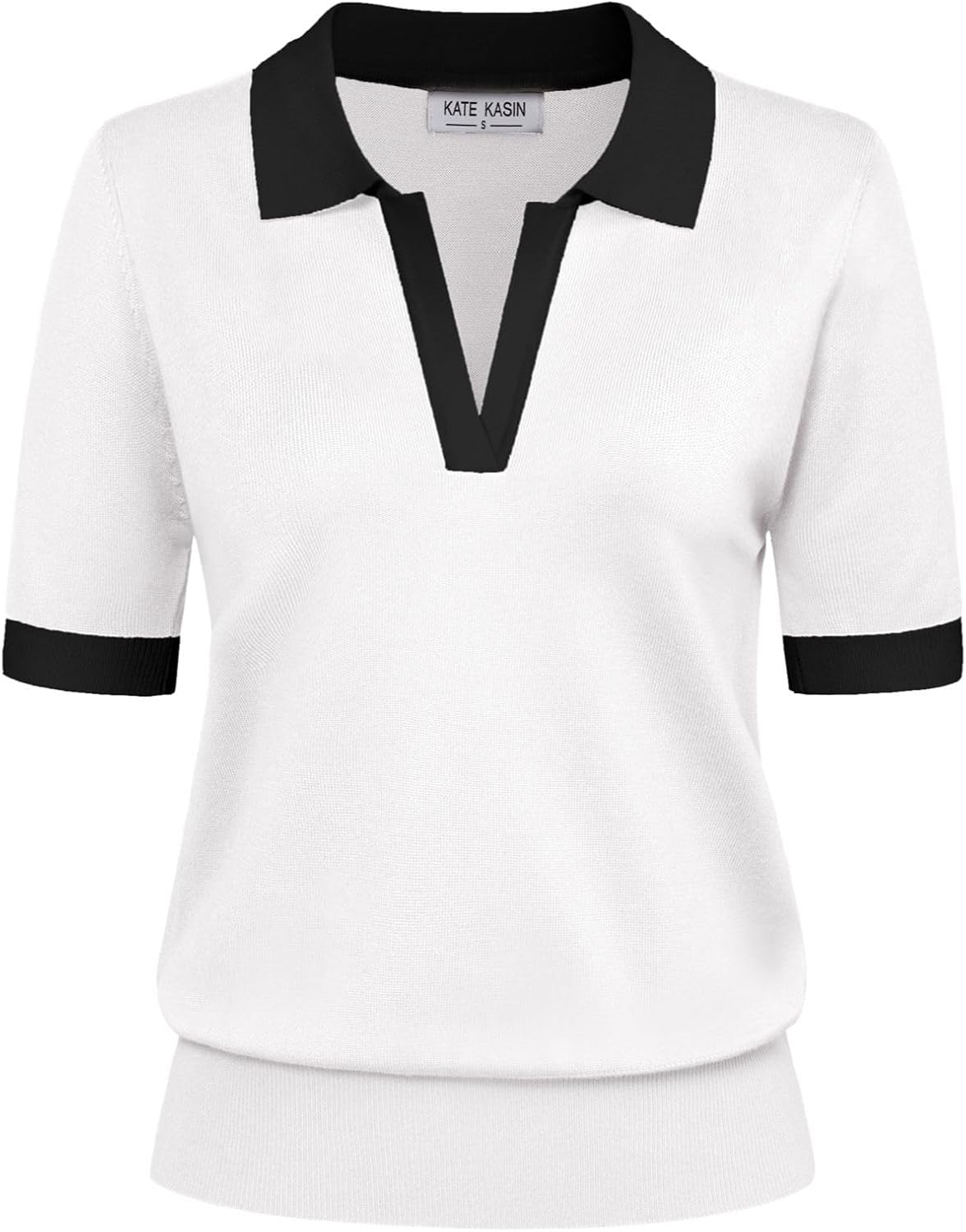 Kate Kasin Women Short Sleeve Polo Sweater V Neck Knitted Tops Casual Ribbed Shirt Loose Pullover Sweater