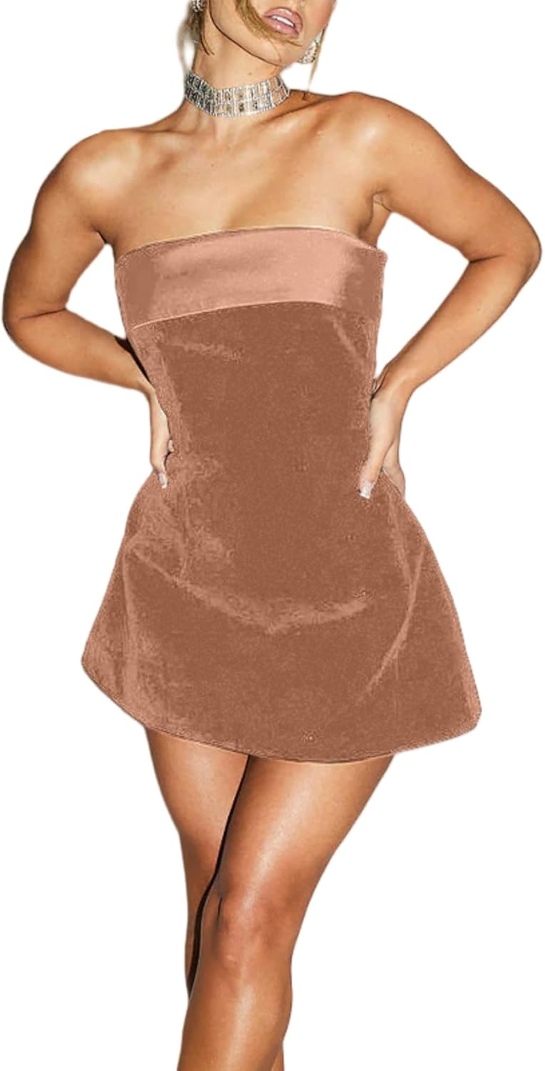 ANKOMINA Women's Sexy Strapless Bodycon Mini Dress Velvet Off Shoulder A-Line Tube Top Dress Party Club Dresses