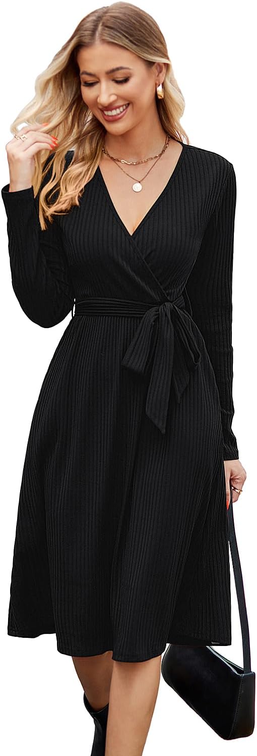 Newshows Womens 2025 Fall Dresses Teacher Church Business Casual Work Outfits Knit Midi Sweater Pockets Belt Dress
