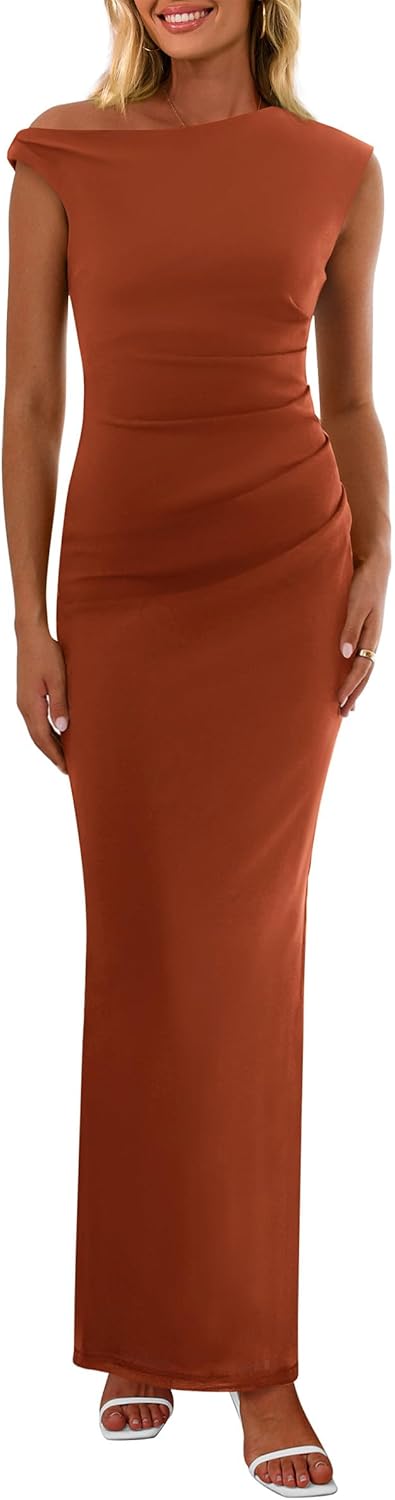 PRETTYGARDEN Women's 2025 Summer Formal Maxi Dresses Sleeveless One Shoulder Bodycon Ruched Mesh Wedding Guest Cocktail Dress