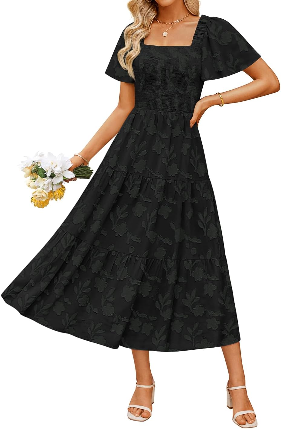 ZESICA Women‘s Summer Boho Floral Midi Dress 2025 Casual Short Sleeve Square Neck Flowy Beach Vacation Long Dress