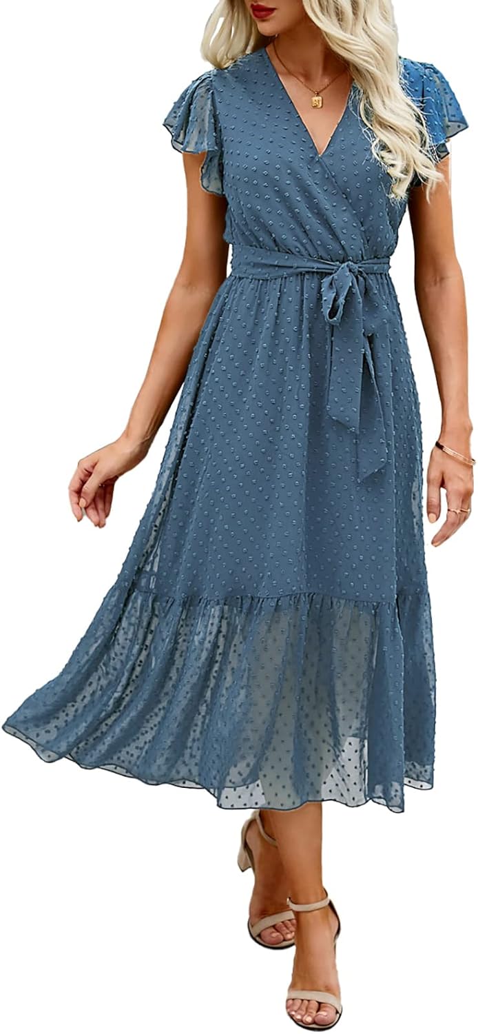 BTFBM Women Summer Bohemian Floral Casual Wrap V Neck Ruffle Cap Sleeveless Belt A-Line Pleated Hem Midi Sun Dress White