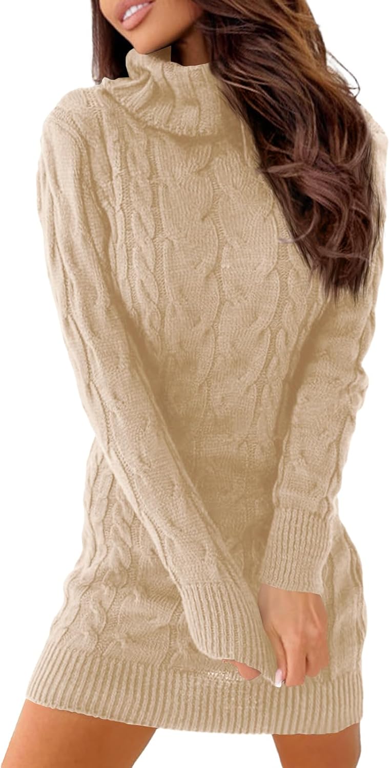 Langwyqu Womens Cable Knit Sweater Dress Sexy Long Sleeve Bodycon Turtleneck Mini Fall Sweaters Dresses