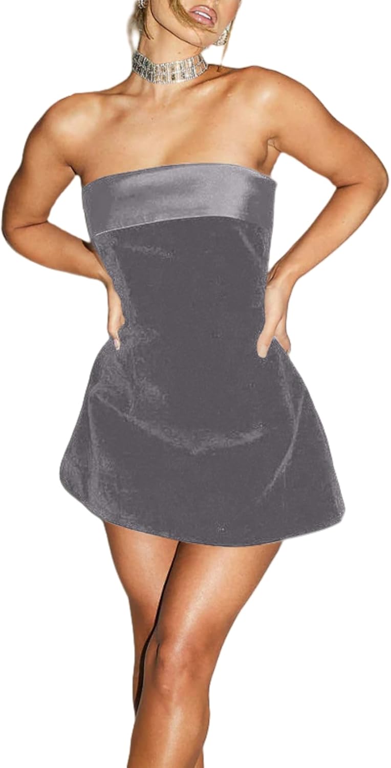 ANKOMINA Women's Sexy Strapless Bodycon Mini Dress Velvet Off Shoulder A-Line Tube Top Dress Party Club Dresses