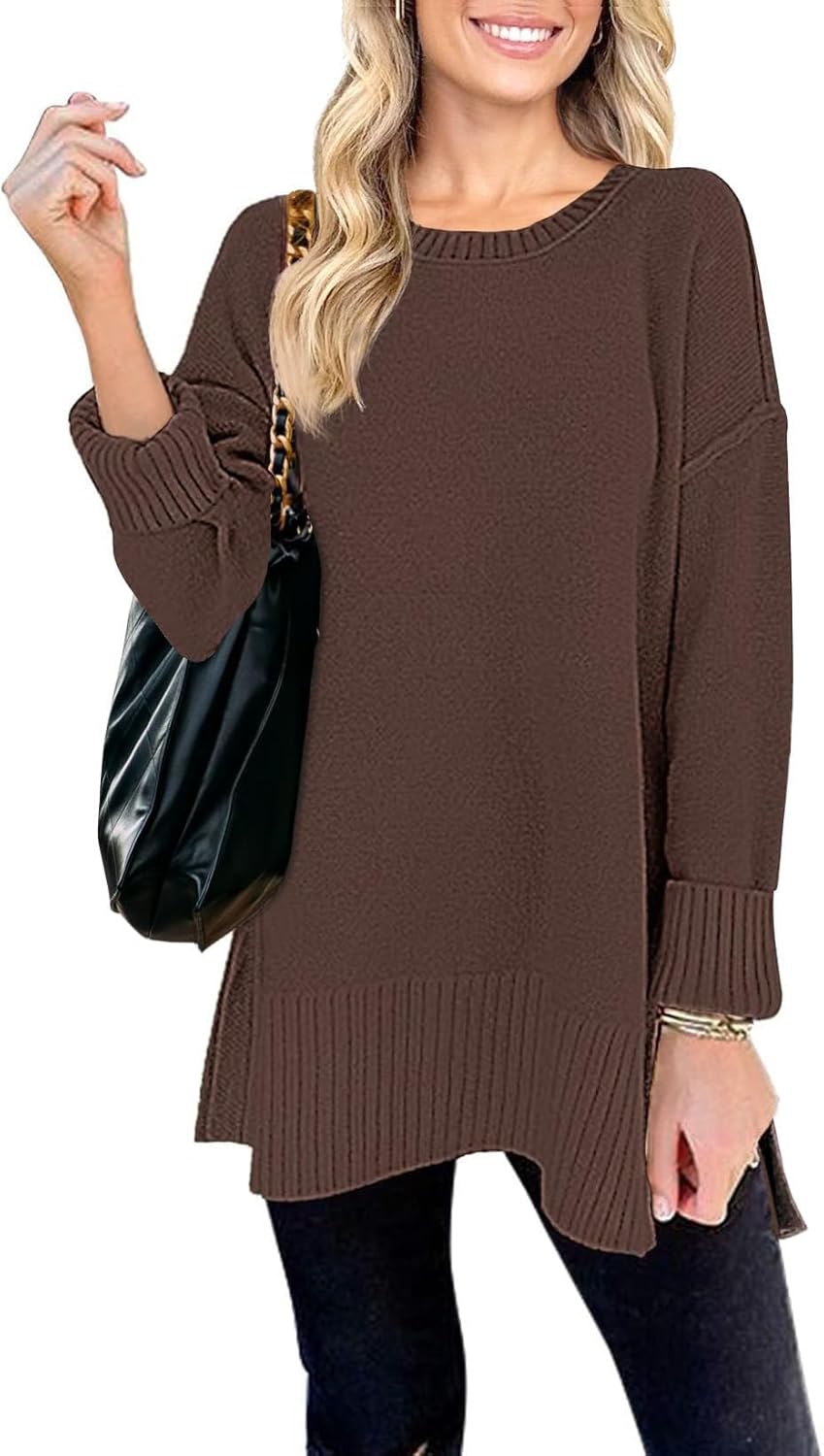 MEROKEETY Women's 2025 Fall Winter Oversized Pullover Sweater Casual Loose Crew Neck Long Sleeve Side Split Jumper Tops