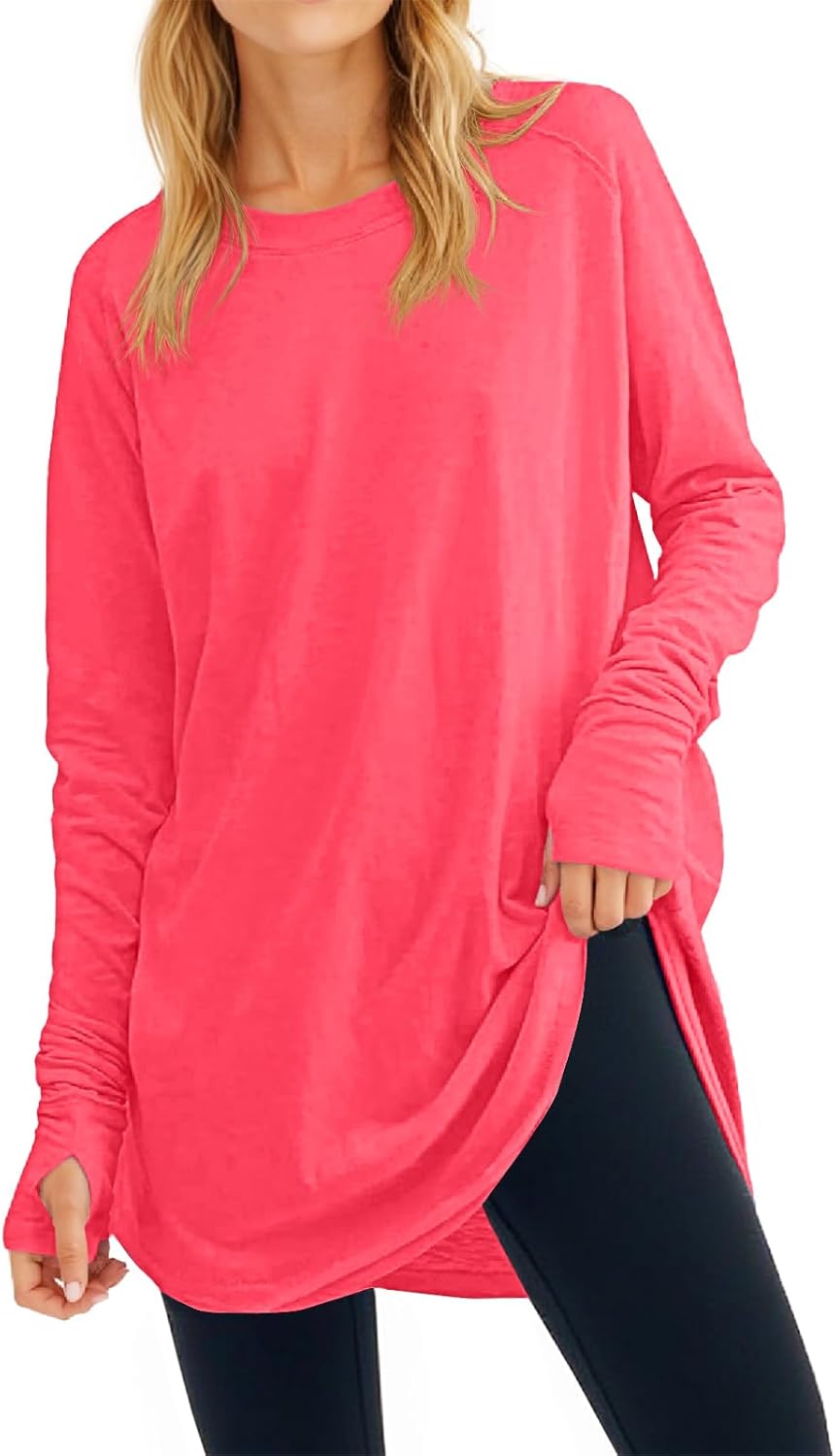 Fisoew Women's Casual Long Sleeve Tops Crew Neck Round Hem Loose T-Shirts Tunic Tops with Thumb Holes