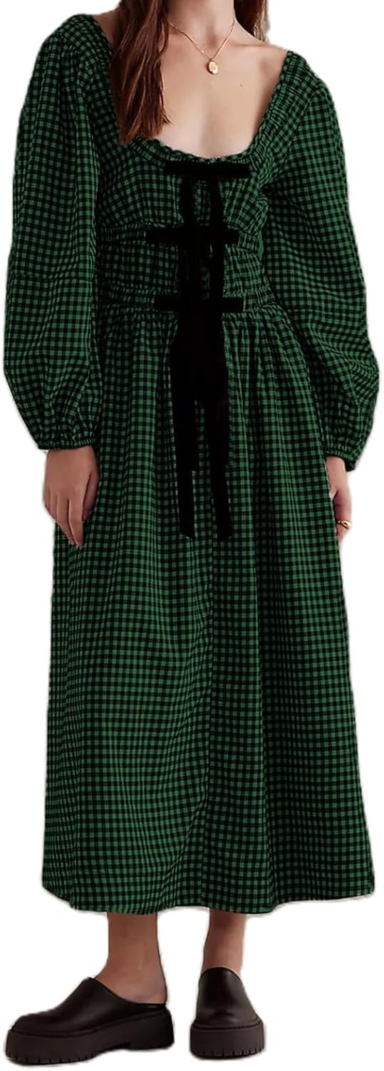 Women Plaid Maxi Dress Long Puff Sleeve Square Neck Flowy Boho Dress Bow Tie Smocked Fall Dresses