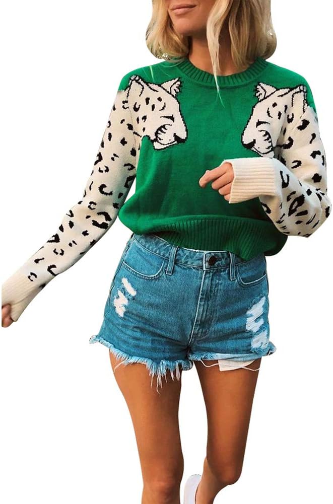 JUNBOON Women’s Casual Leopard Print Knitted Pullover Sweaters Long Sleeve Crew Neck Jumper Tops
