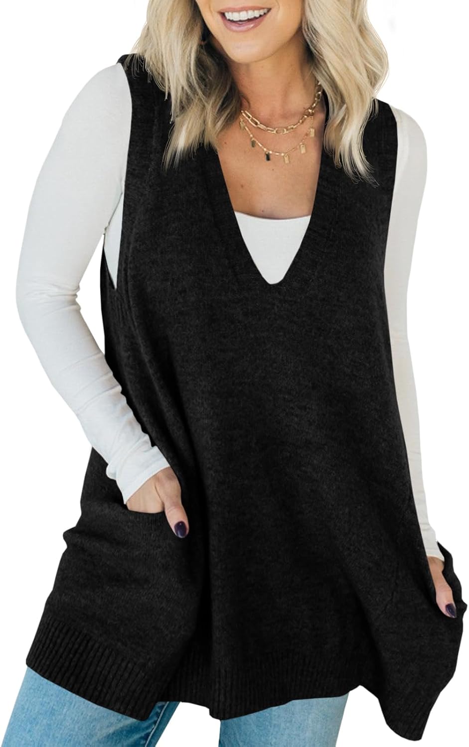 Saodimallsu Womens Sleeveless Sweater Vest V Neck Casual Loose Knit A Line Flattering Tunic Top with Pockets