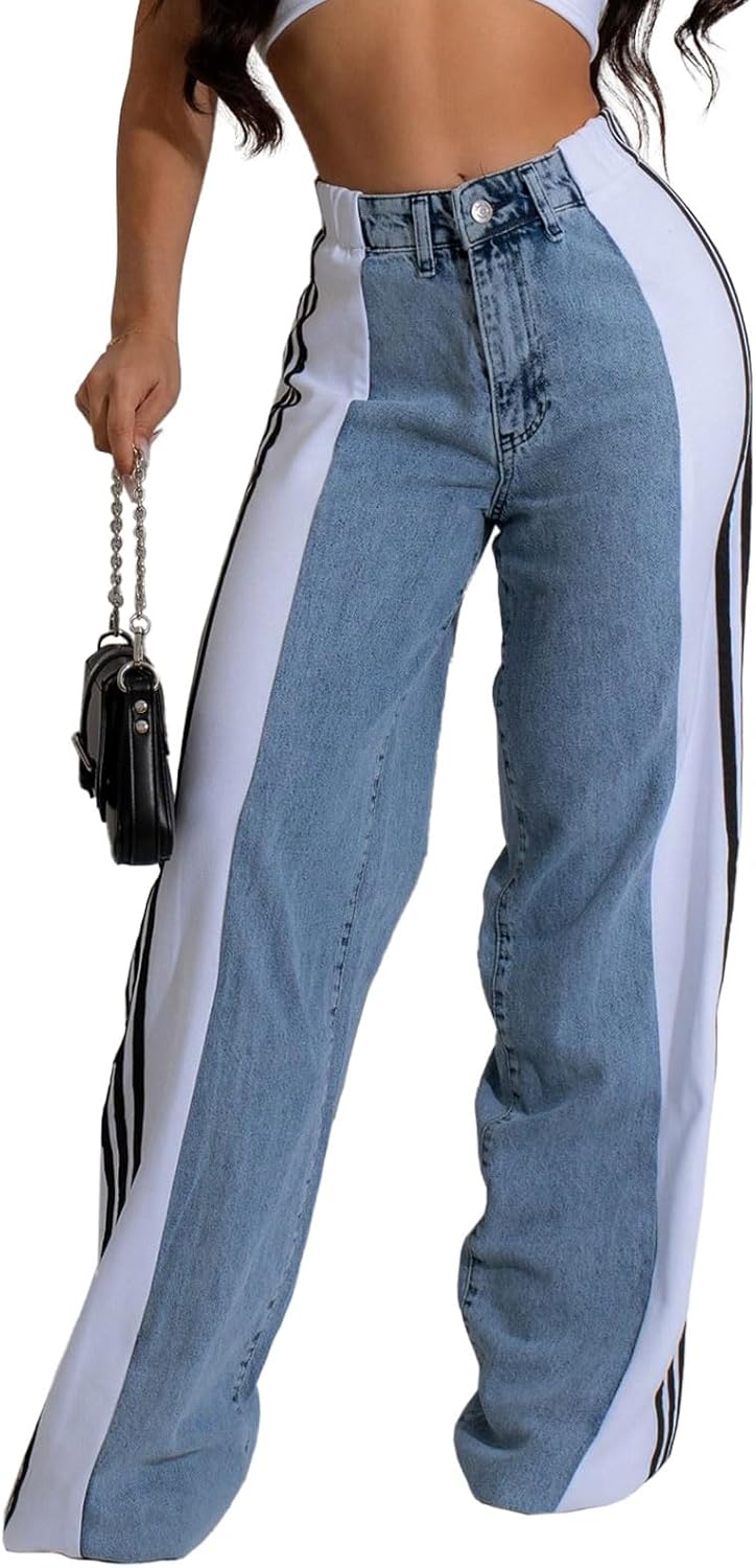 Angsuttc Womens Jeans with Patchwork Stripes High Waisted Stretchy Denim Color Block Straight Wide Leg Trendy Jean