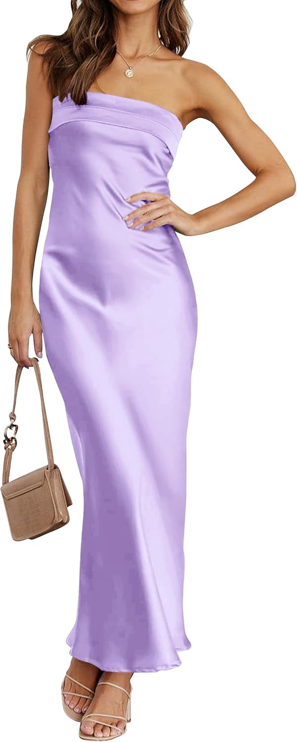 MEROKEETY Cocktail Dresses for Women Summer Strapless Satin Tube Bodycon Backless Wedding Guest Formal Party Maxi Dress