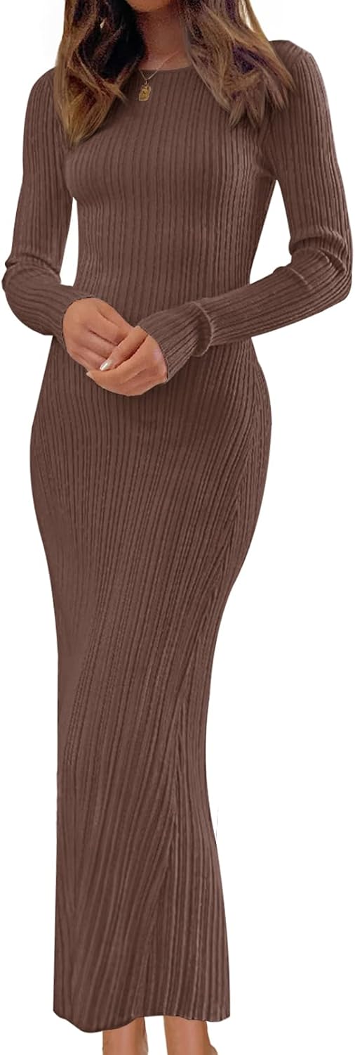 MEROKEETY Women's 2025 Long Sleeve Bodycon Sweater Dress Fall Winter Crew Neck Ribbed Knit Maxi Dresses