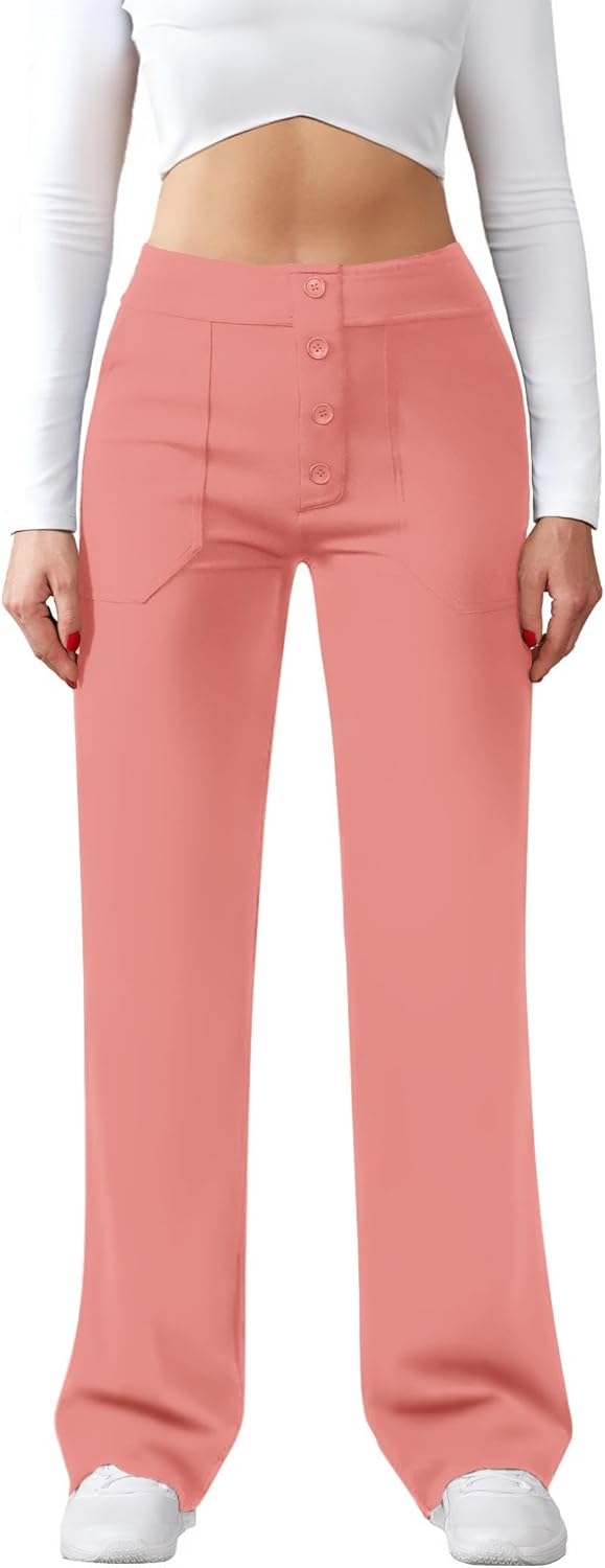 Womens Casual High Waist Straight Leg Pants Stretchy Button Business Dress Work Pocket Trousers