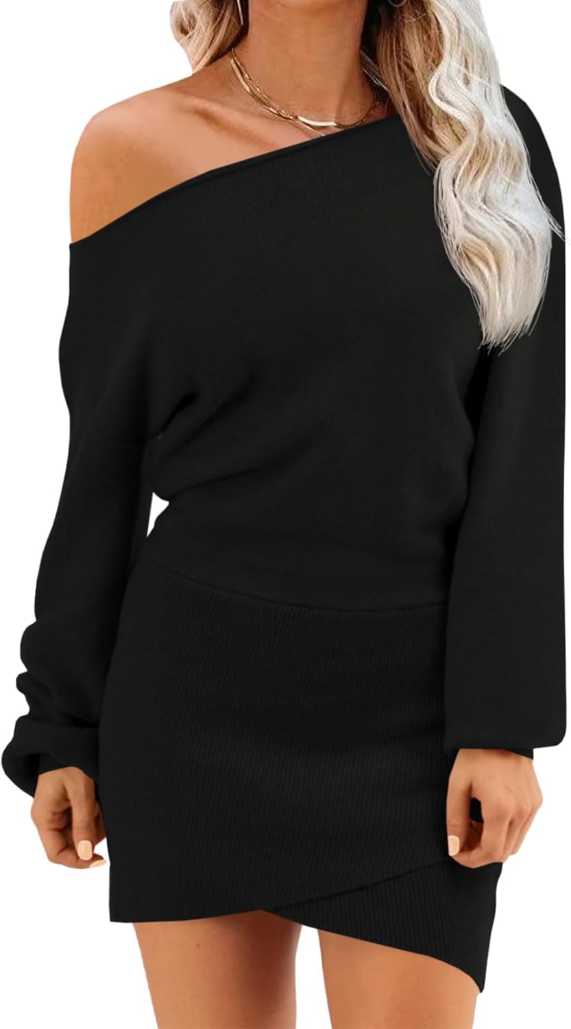 Wenrine Women's Off The Shoulder Sweater Dress 2025 Fall Winter Casual Long Sleeve Knit Slim Fit Pullover Mini Dresses