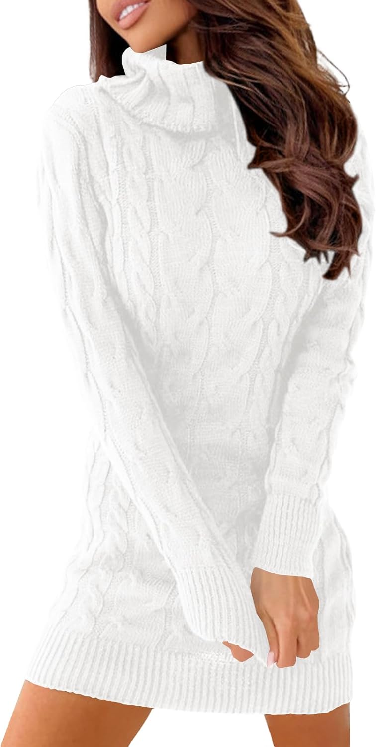 Langwyqu Womens Cable Knit Sweater Dress Sexy Long Sleeve Bodycon Turtleneck Mini Fall Sweaters Dresses
