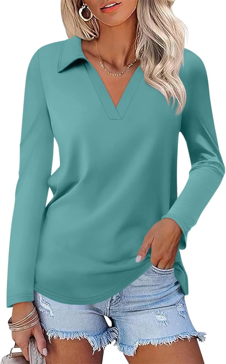 ORANDESIGNE Women's Long Sleeve Polo Shirts Casual Color Block V Neck Tops Fall Collar Ladies Tunics Tees