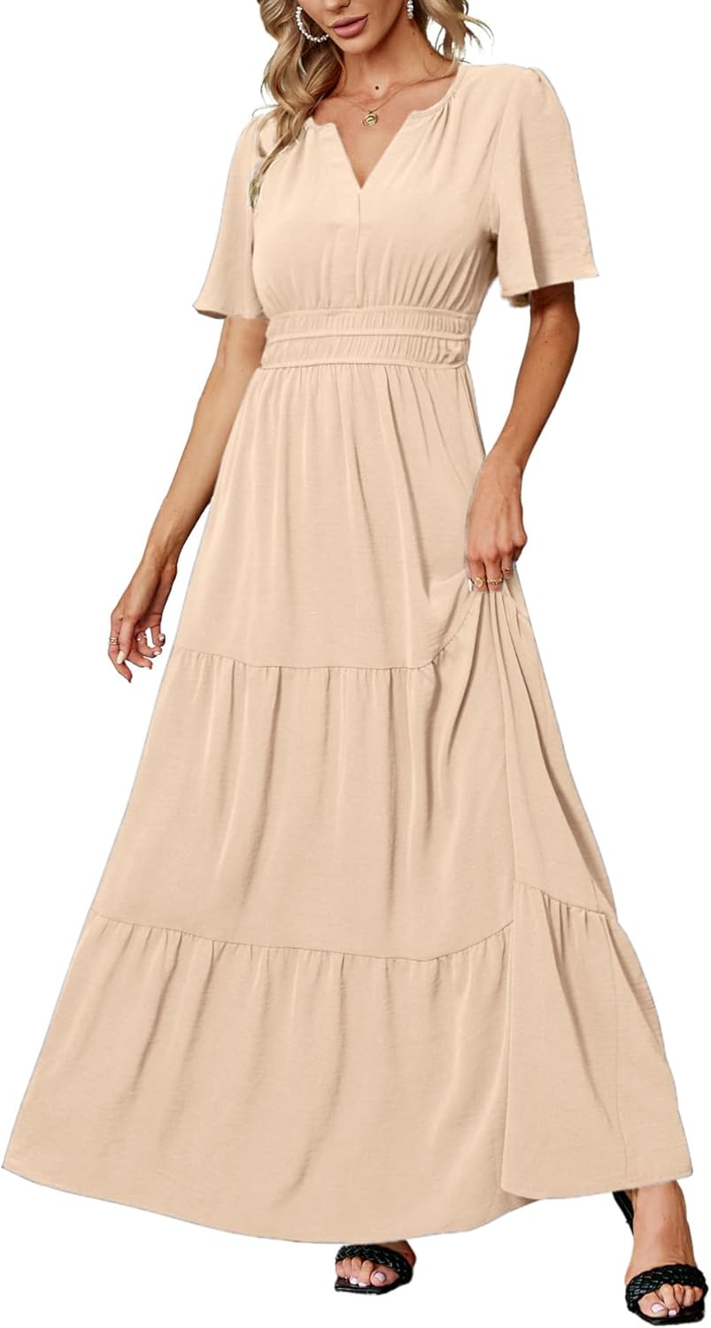 Amegoya Women's Velvet Short Sleeve V Neck Formal Wedding Guest Maxi Dresses Fall Evening Party Long Dresses