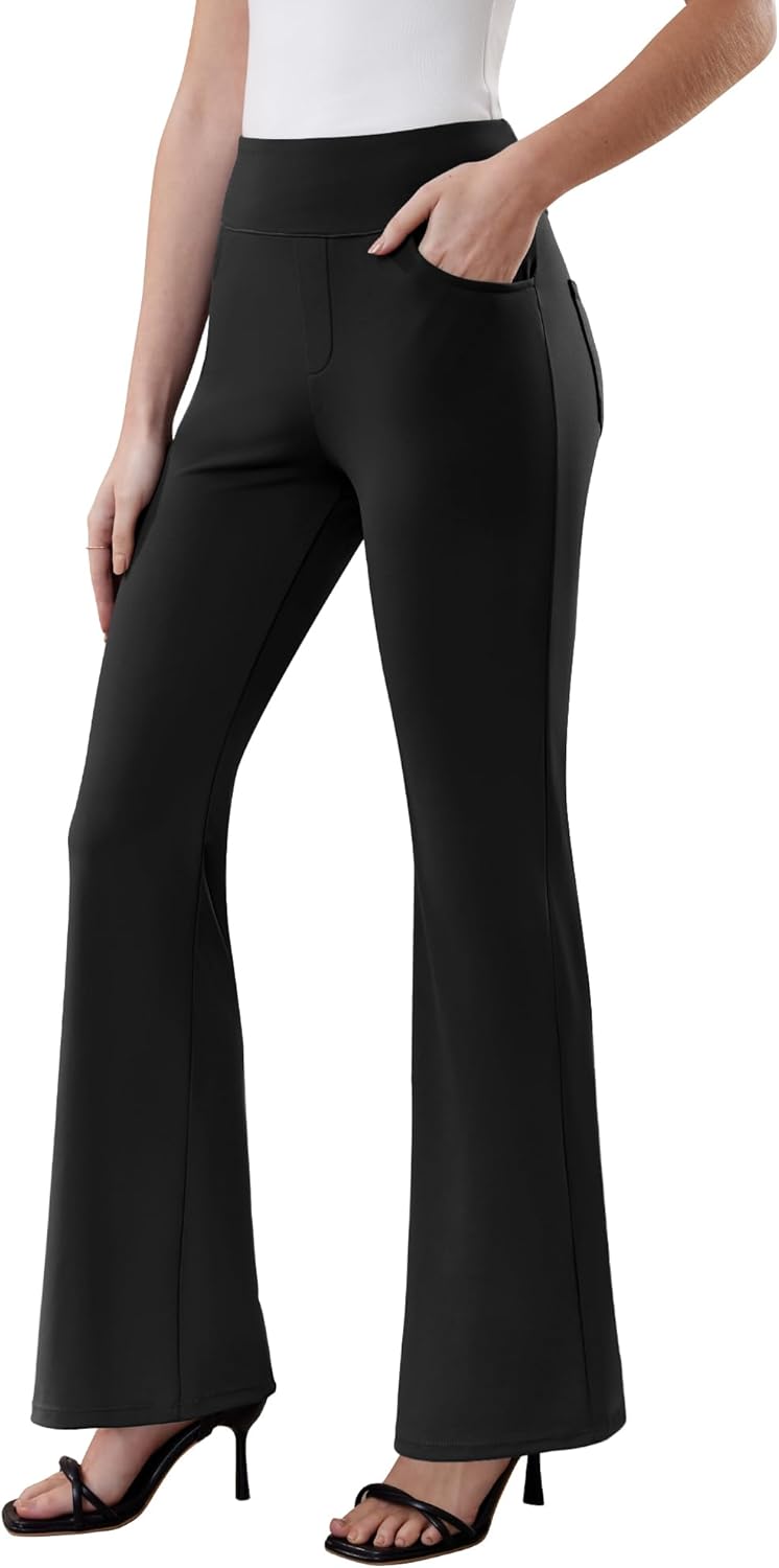 Womens Dress Pants Stretchy Work Pants Business Casual Office Trousers Pull On Flare Slacks with 4 Pockets