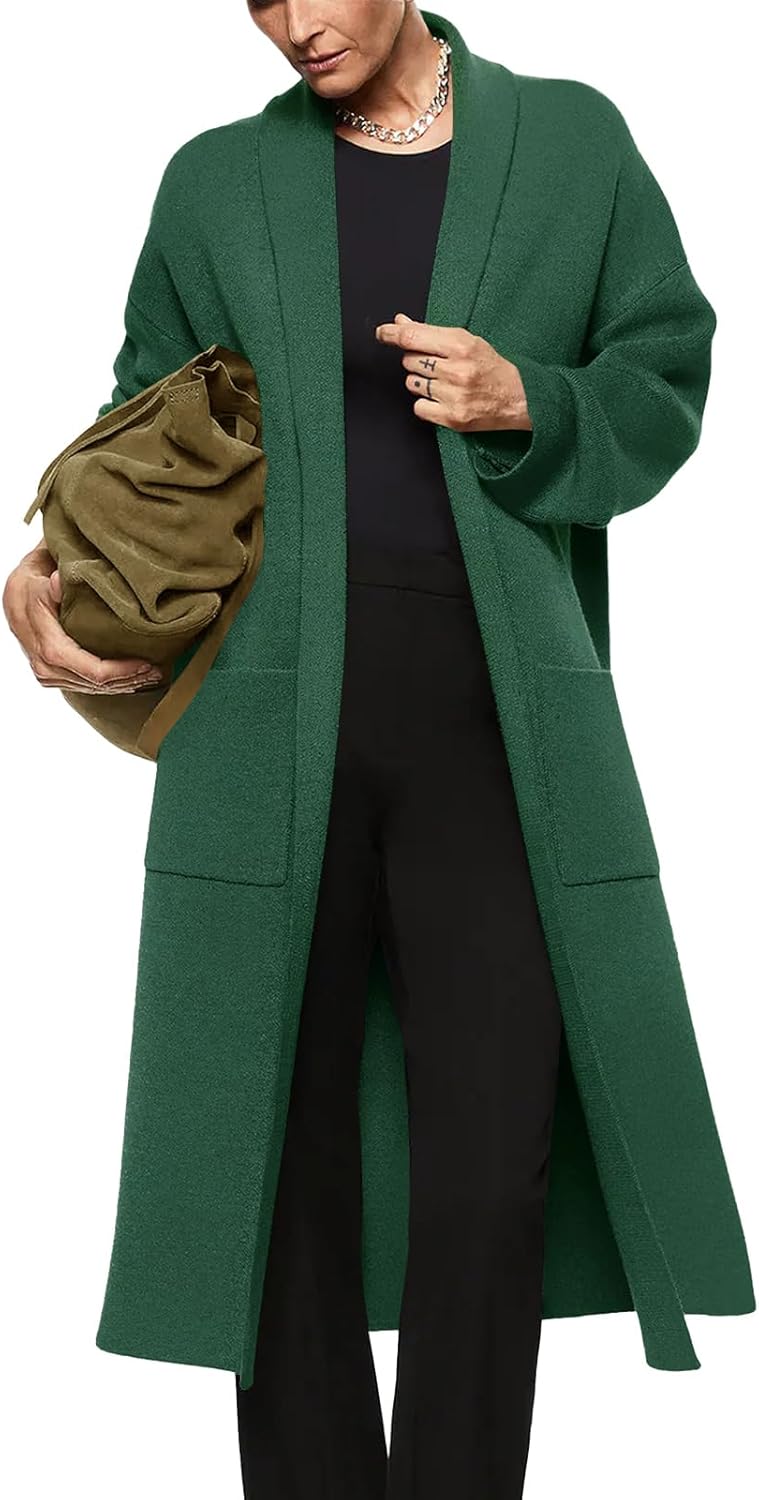 Womens Long Sleeve Maxi Cardigan Open Front Oversized Knitted Sweater Coat Casual Lapel Warm Overcoat with Pockets