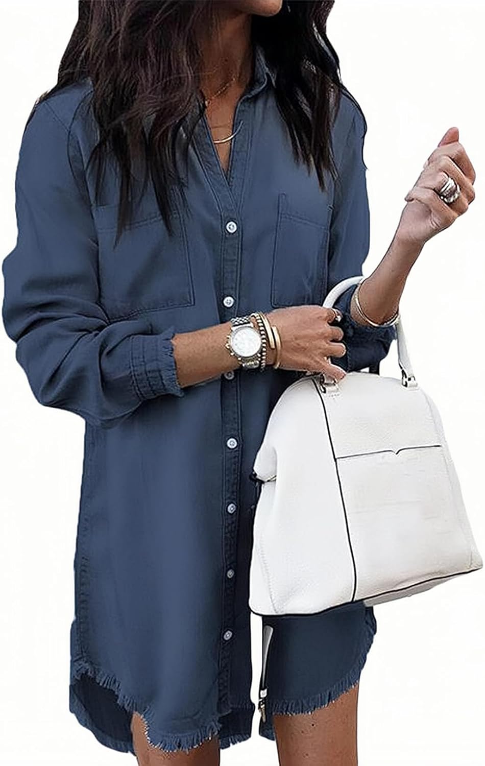 Zilcremo Women Denim Shirt Dresses Long Sleeve Distressed Jean Dress Button Down Casual Tunic Top