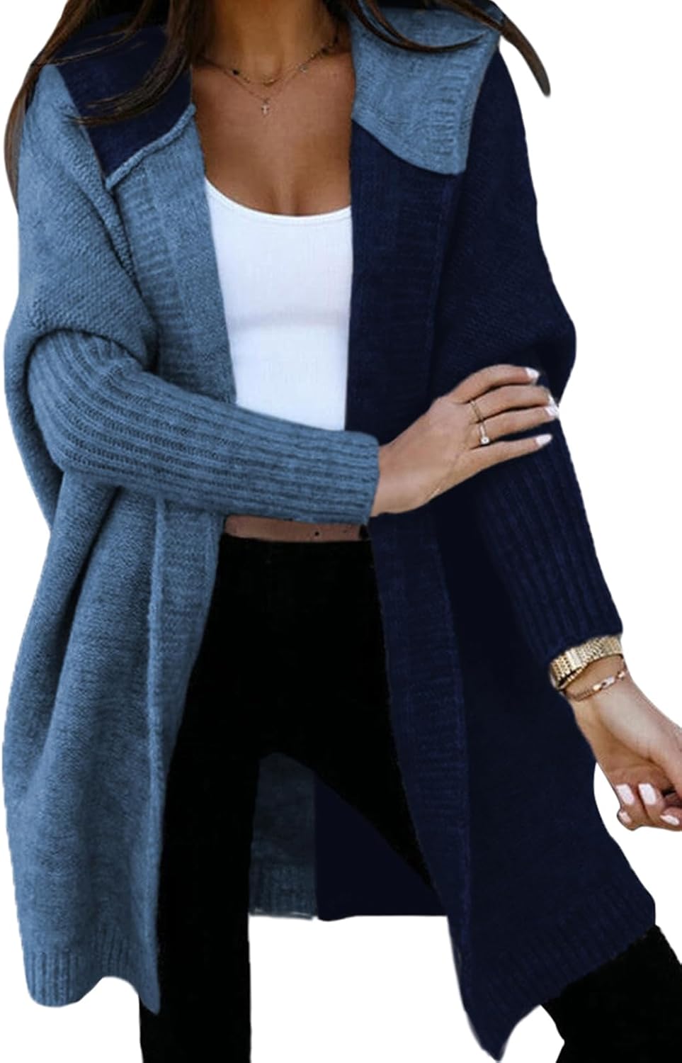 Astylish Women 2025 Fall Outfits Open Front Long Sleeve Hooded Knit Cardigan Sweaters Color Block Outwear Coats