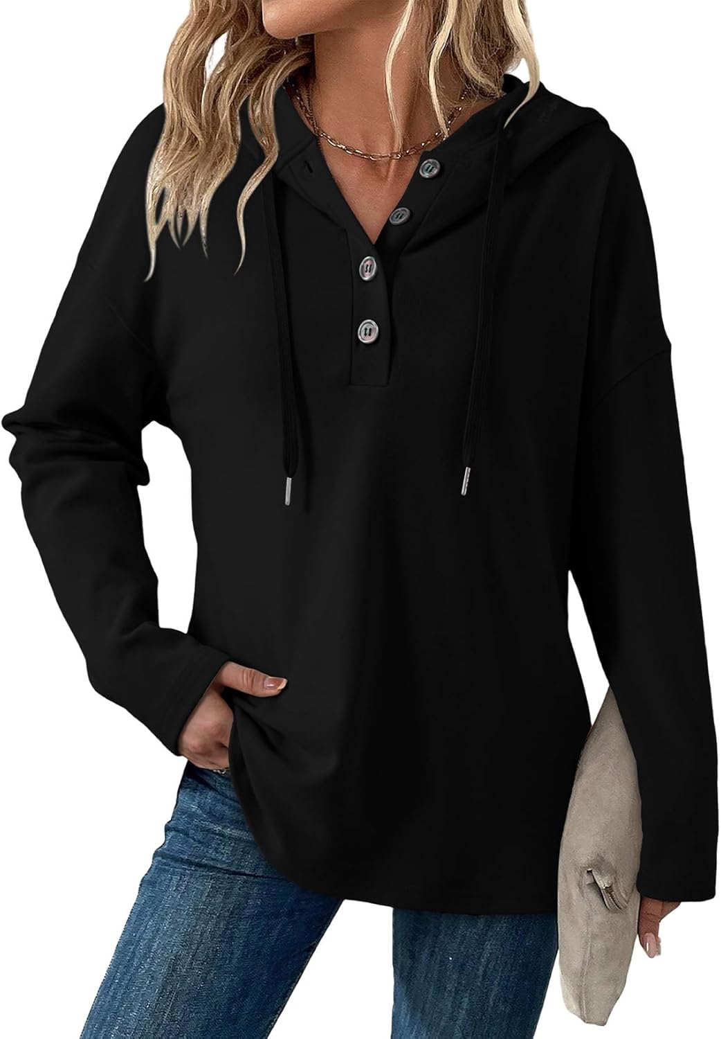Dokotoo Hoodies for Women Long Sleeve Drawstring Button V Neck Fleece Casual Lightweight Pullover Sweatshirt Hooded Tops